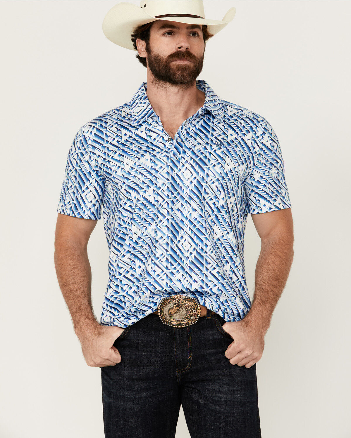 Image #1 - Panhandle Men's Southwestern Print Short Sleeve Performance Polo Shirt, Blue, hi-res