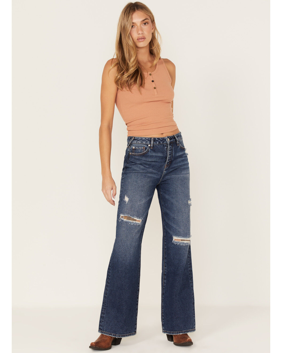 Image #1 - Cleo + Wolf Women's Medium Wash High Rise Patchwork Distressed Straight Jeans, Dark Wash, hi-res
