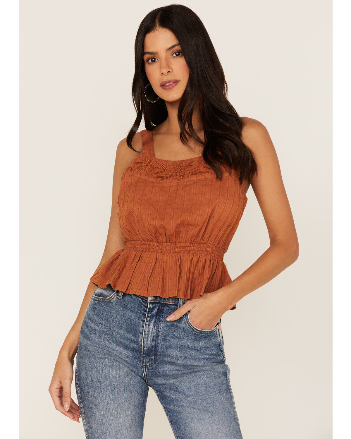 Image #1 - Shyanne Women's Swiss Dot Embroidered Smocked Waist Tank Top, Brown, hi-res