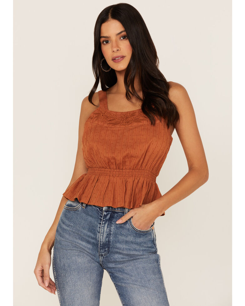 Shyanne Women's Swiss Dot Embroidered Smocked Waist Tank Top, Brown, hi-res