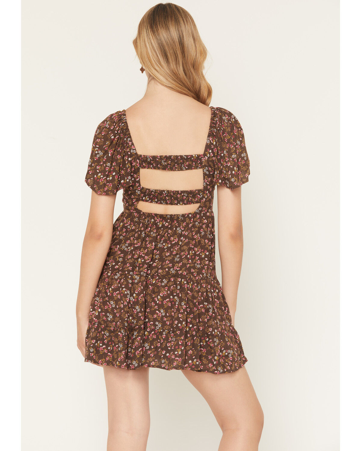 Image #4 - Angie Women's Floral Print Short Sleeve Mini Dress, Dark Brown, hi-res