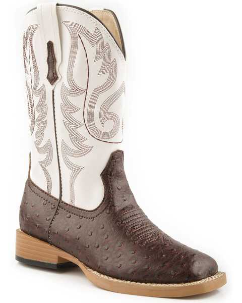 Image #1 - Roper Boys' Faux Ostrich Print Western Boots - Square Toe, Brown, hi-res