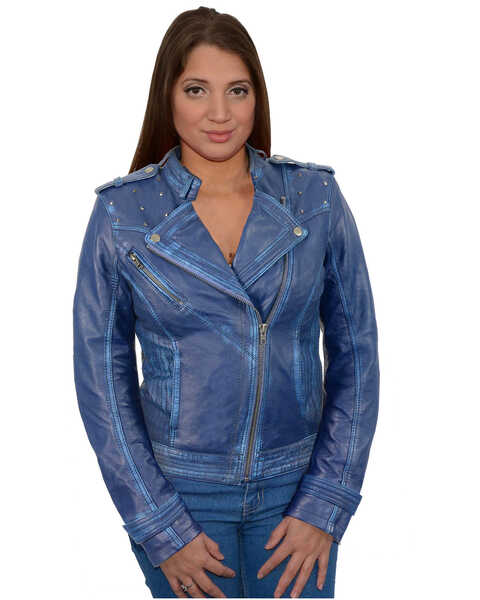 Image #1 - Milwaukee Leather Women's Studded Sheepskin Asymmetrical Moto Jacket - 3X, Royal Blue, hi-res