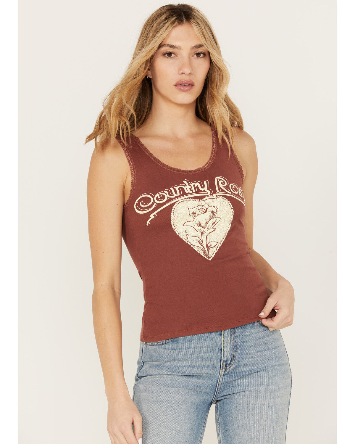 Image #1 - Bandit Women's Country Rose Lace Trim Graphic Tank, Rust Copper, hi-res