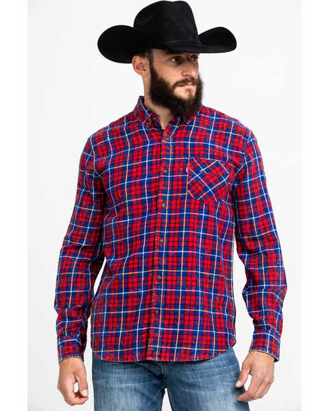 Image #1 - Levi's Men's Red Mondy Plaid Long Sleeve Western Flannel Shirt , Red, hi-res