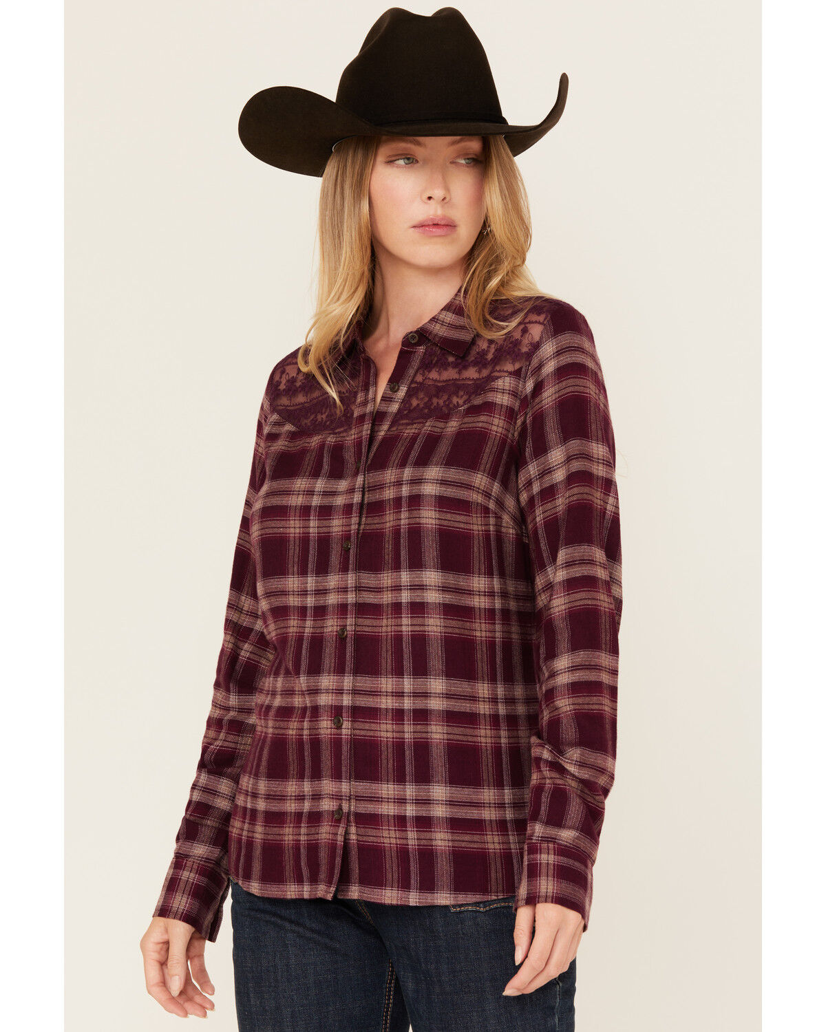 Image #1 - Shyanne Women's Lace Yoke Plaid Print Long Sleeve Button-Down Western Shirt, Fuchsia, hi-res