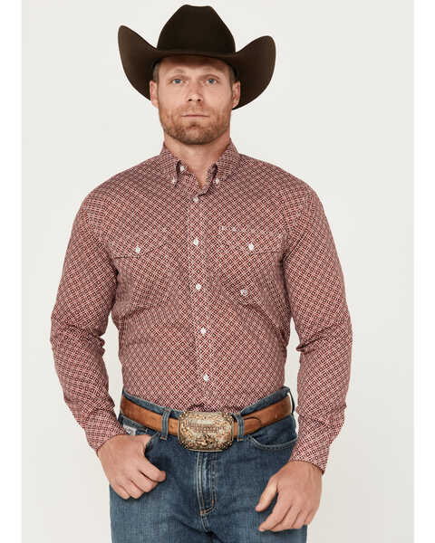 Roper Men's Geo Print Long Sleeve Button-Down Western Shirt, Burgundy, hi-res