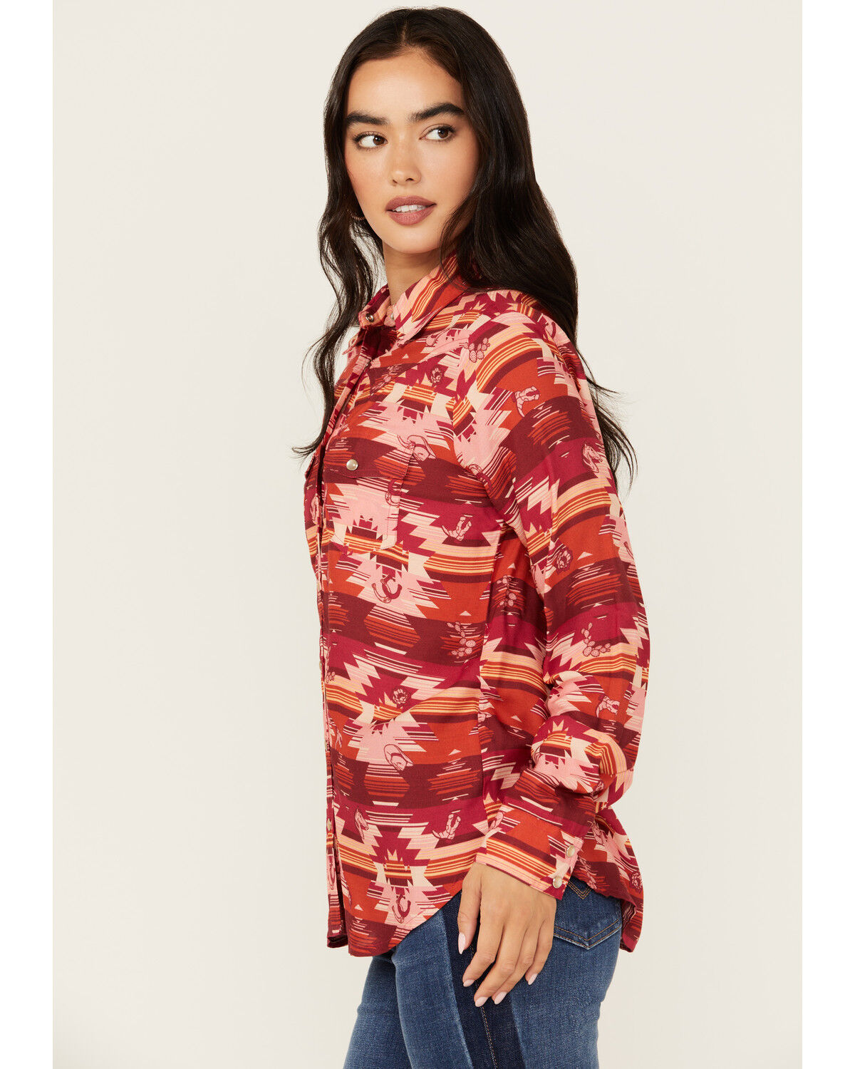 Image #2 - Roper Women's Southwestern Print Long Sleeve Pearl Snap Blouse, Red, hi-res