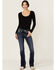 Image #3 - Miss Me Women's Dark Wash Faux Flap Sequin Paisley Pocket Mid Rise Bootcut Stretch Denim Jeans, Dark Wash, hi-res