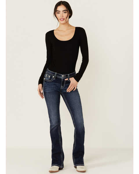Image #3 - Miss Me Women's Dark Wash Faux Flap Sequin Paisley Pocket Mid Rise Bootcut Stretch Denim Jeans , Dark Wash, hi-res