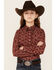 Image #1 - Roper Girls' Geo Print Long Sleeve Pearl Snap Western Shirt, Red, hi-res
