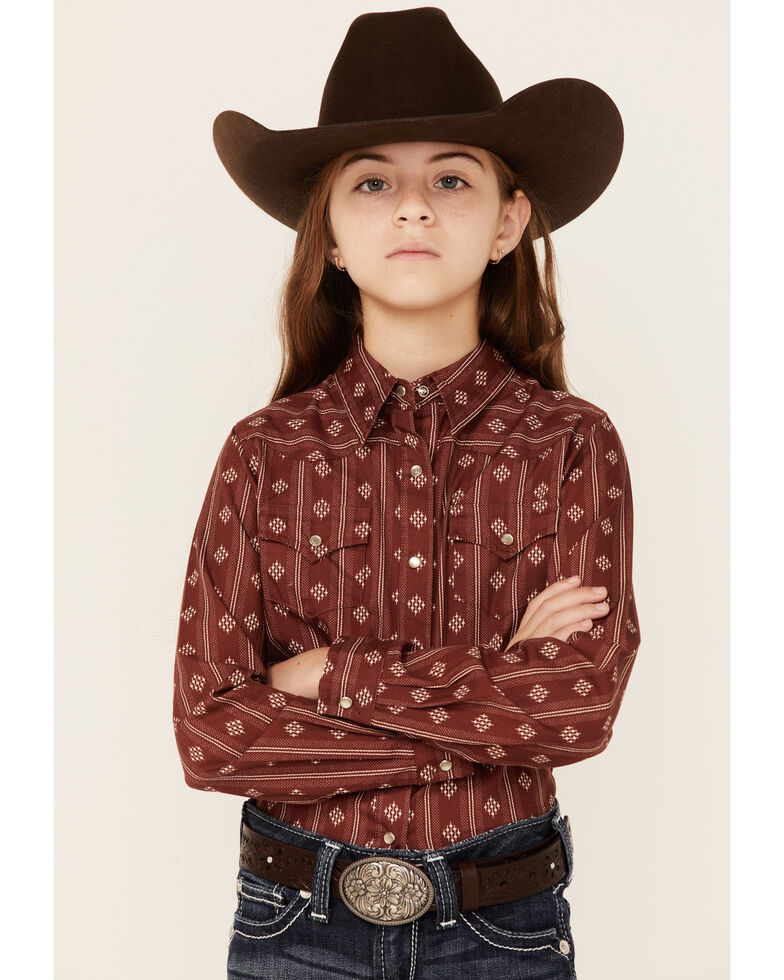 Roper Girls' Geo Print Long Sleeve Western Shirt, Red, hi-res