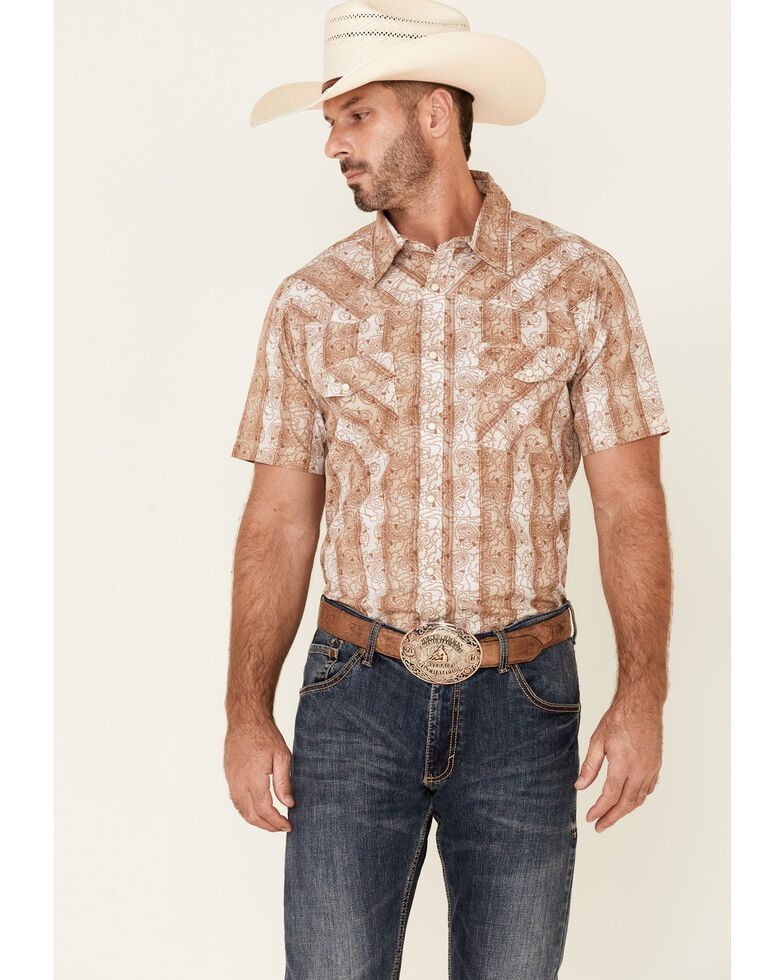 Cowboy Hardware Men's Tan Paisley Plaid Short Sleeve Snap Western Shirt , Tan, hi-res
