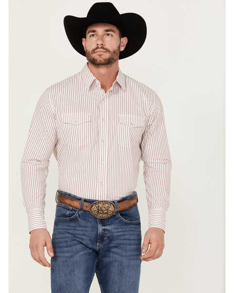 Image #1 - Wrangler Men's Striped Long Sleeve Pearl Snap Stretch Western Shirt - Big , White, hi-res