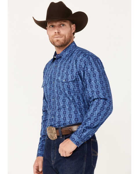 Image #2 - Cowboy Hardware Men's Tonal Southwestern Print Long Sleeve Pearl Snap Western Shirt, Blue, hi-res