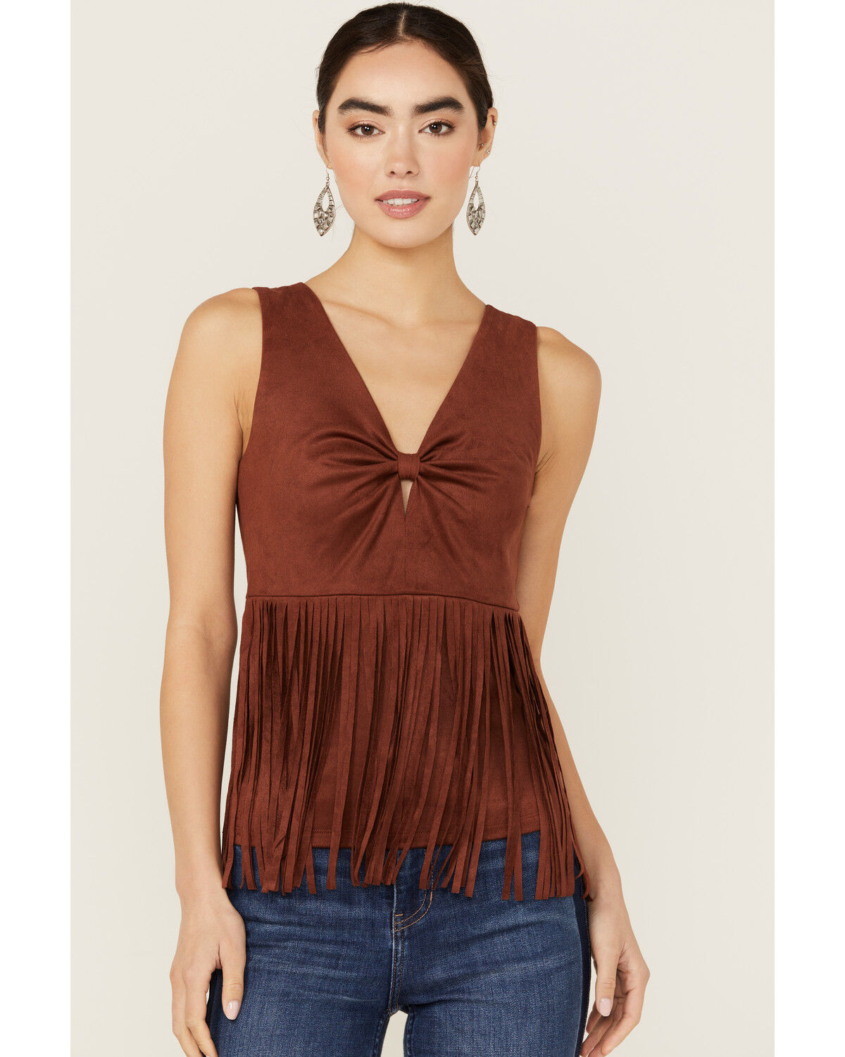 Image #1 - Idyllwind Women's Pennington Faux Suede Twisted Fringe Top, Mahogany, hi-res