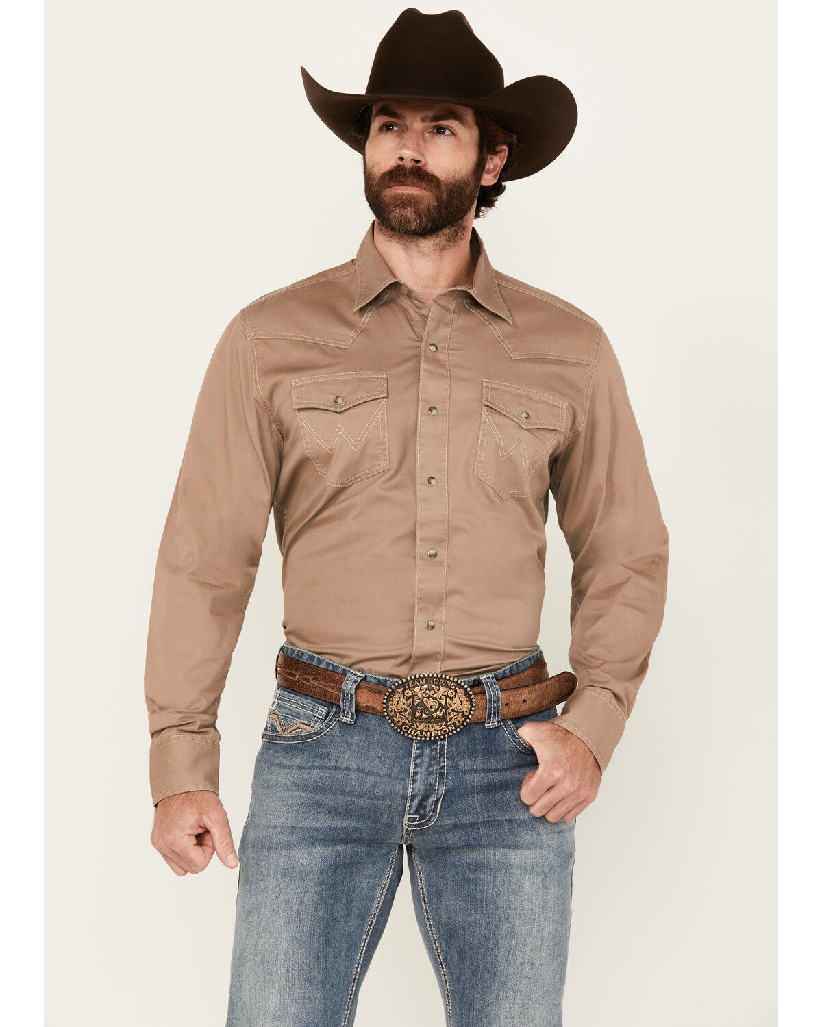 Image #1 - Wrangler Retro Men's Solid Long Sleeve Snap Western Shirt - Tall, Taupe, hi-res