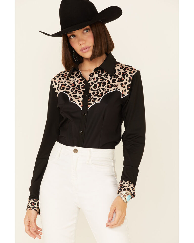 Ranch Dress'n Women's Black Leopard Print Long Sleeve Snap Western Shirt , Black, hi-res