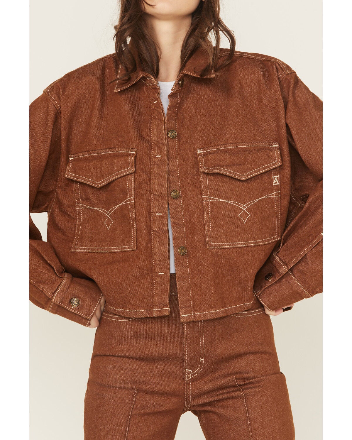 Image #3 - Ariat Women's Long Sleeve Boxy Cropped Denim Shirt, Brown, hi-res