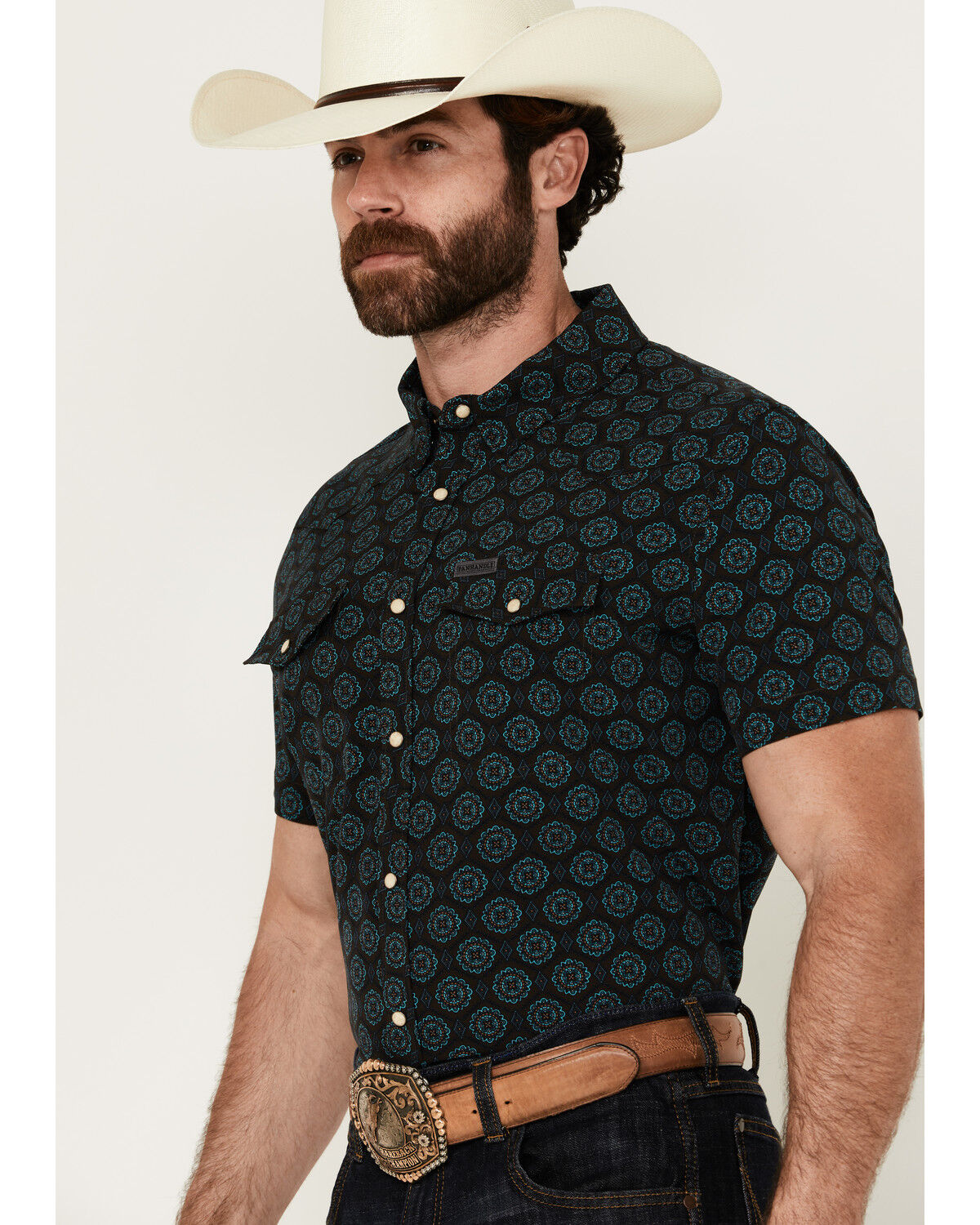 Image #2 - Panhandle Men's Medallion Print Short Sleeve Snap Stretch Western Shirt, Turquoise, hi-res