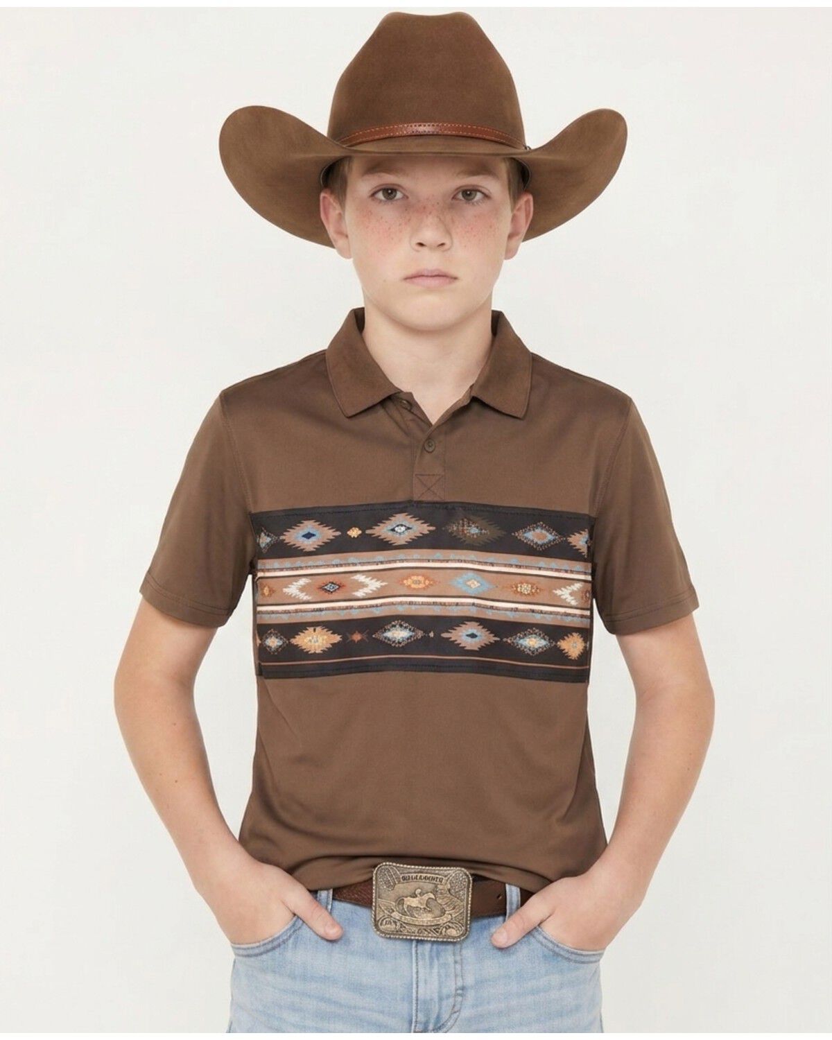 RANK 45&reg; Boys' Sierra Noble Southwestern Border Print Short Sleeve Polo, Brown, hi-res