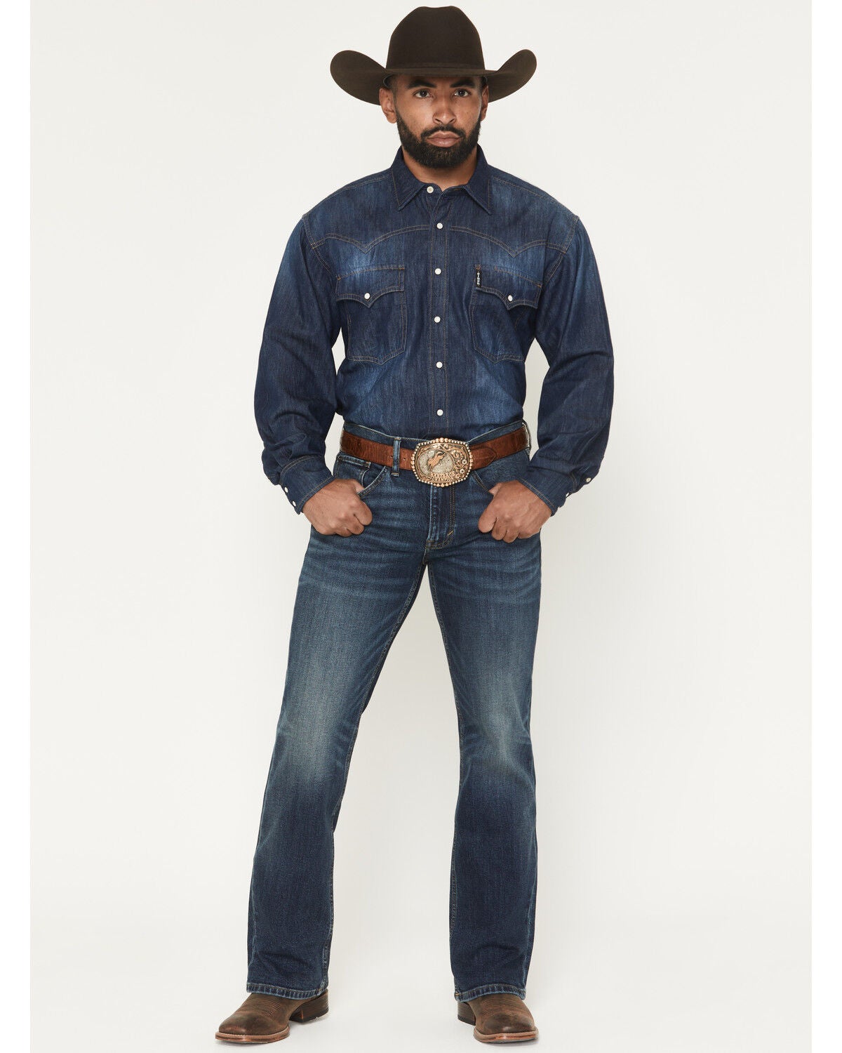 RANK 45&reg; Men's Roughstock Rockford Wash Brock Relaxed Bootcut Performance Stretch Denim Jeans, Dark Wash, hi-res