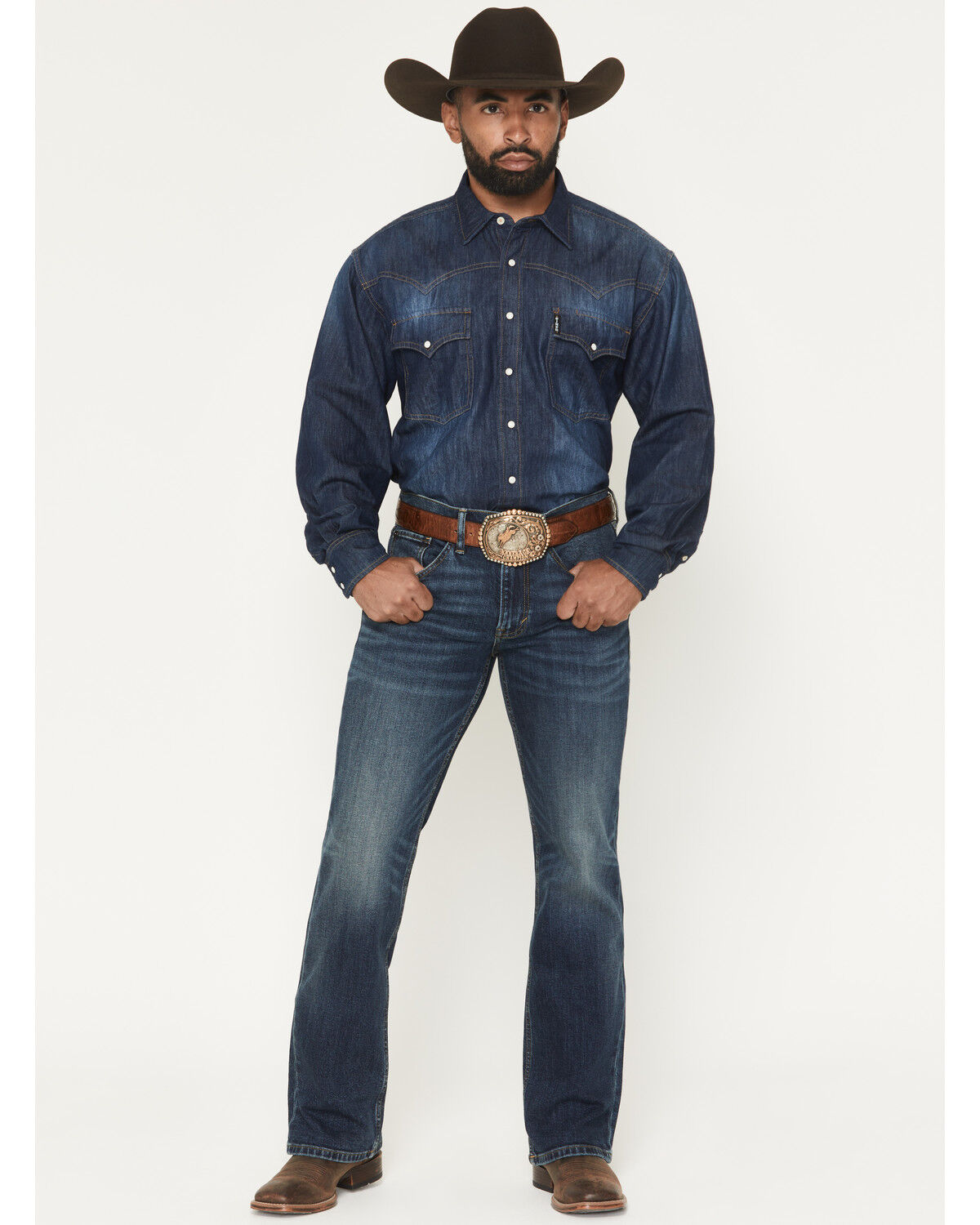 Image #1 - RANK 45® Men's Roughstock Rockford Wash Brock Relaxed Bootcut Performance Stretch Denim Jeans, Dark Wash, hi-res