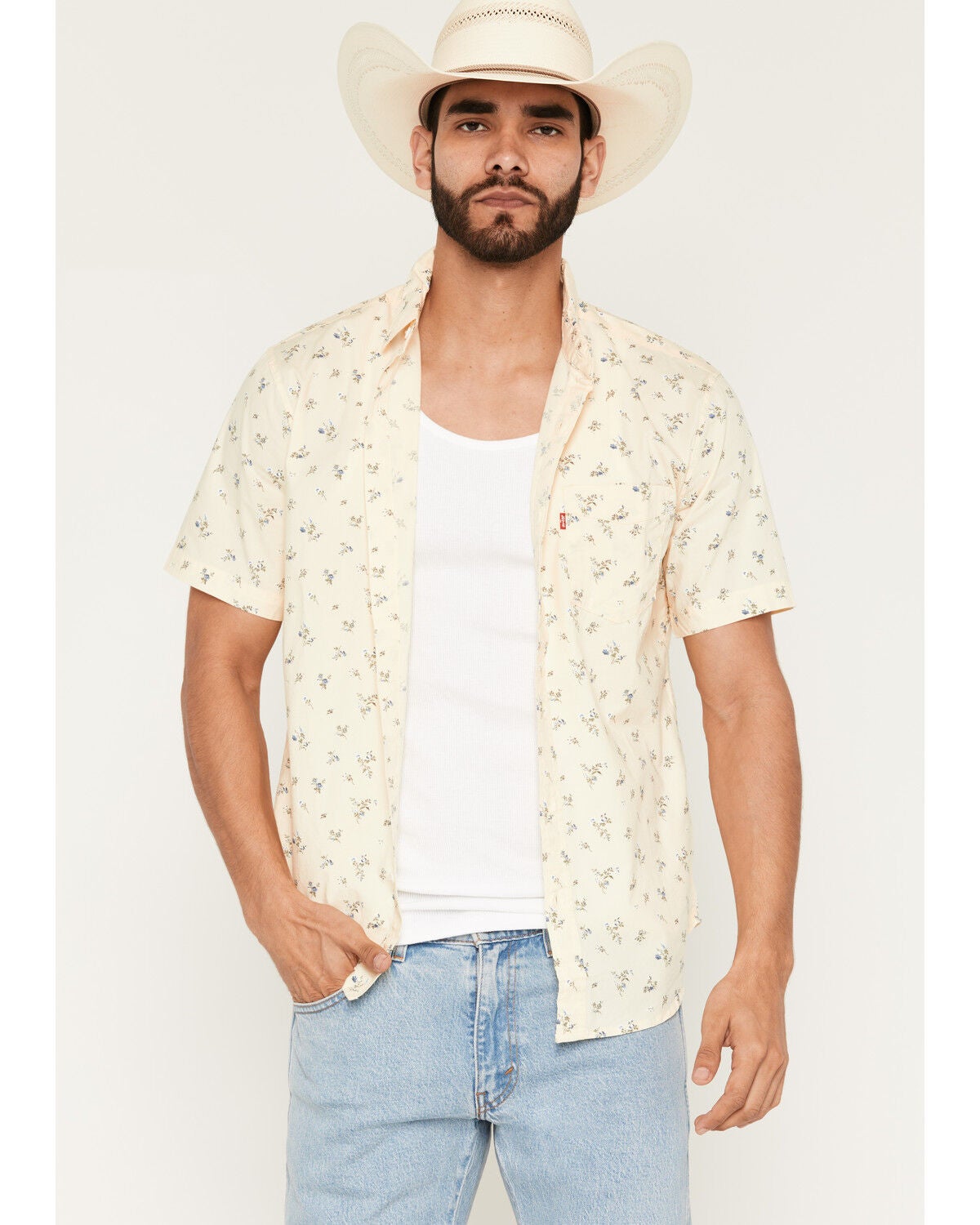 Levi's Men's Terry Ditsy Floral Print Short Sleeve Button-Down Stretch Western Shirt, Yellow, hi-res