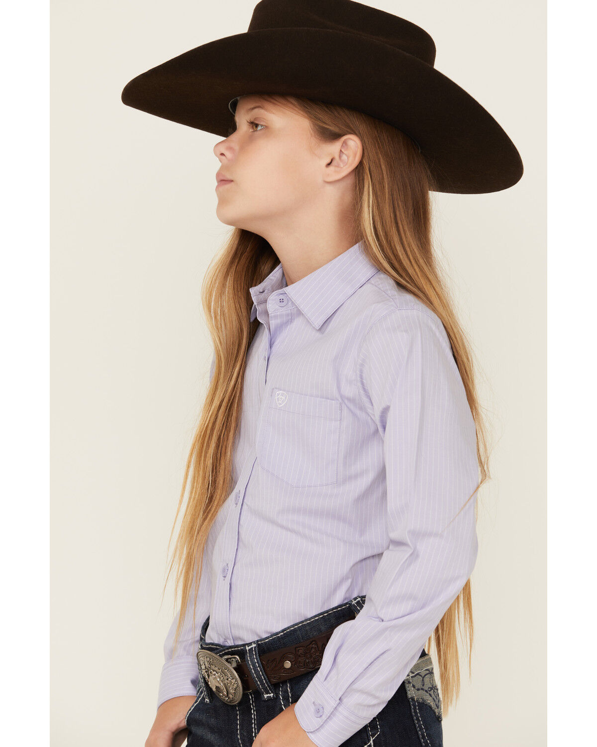 Image #2 - Ariat Girls' Striped Print Long Sleeve Button-Down Stretch Western Shirt, Lavender, hi-res