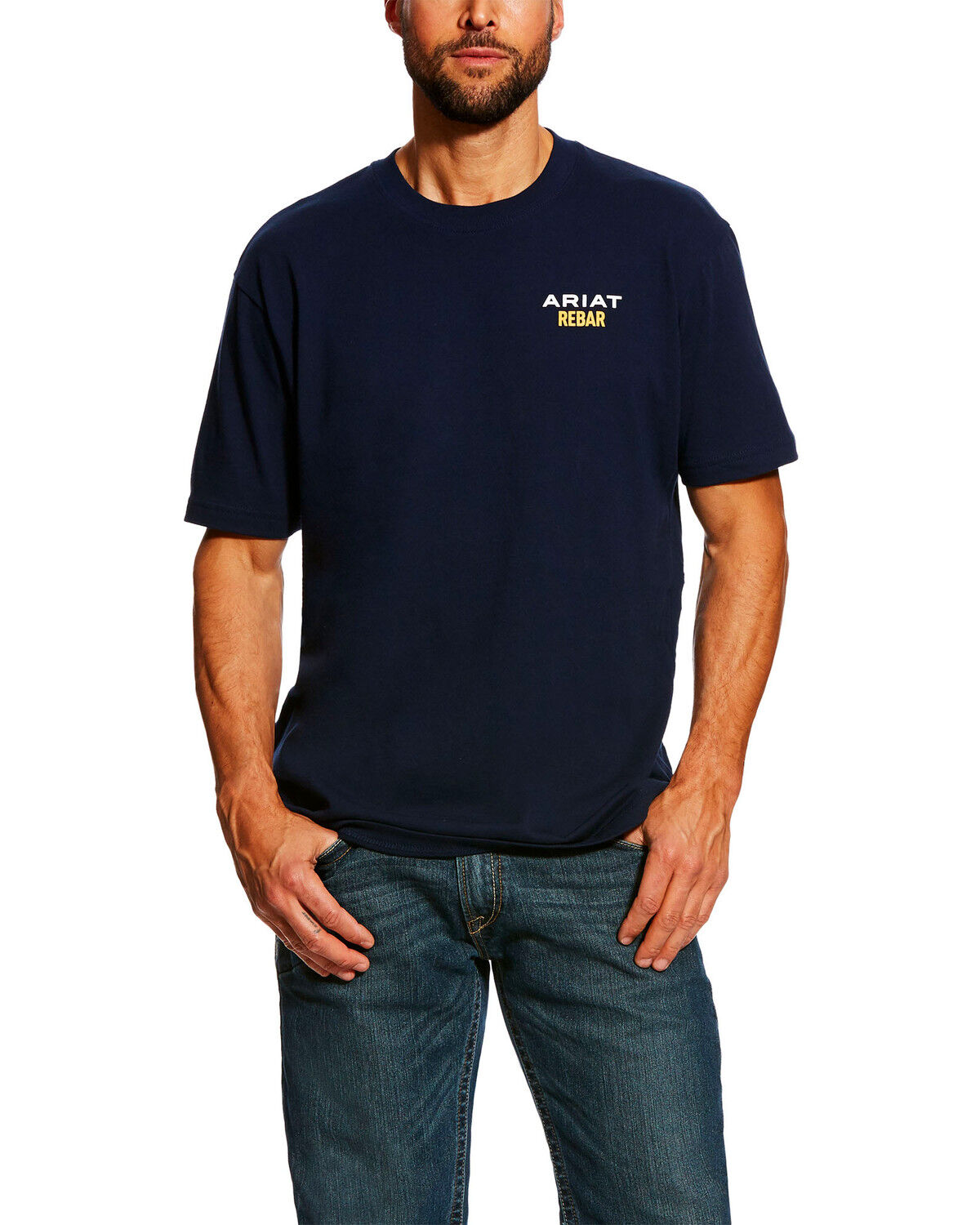 Image #1 - Ariat Men's Rebar Cotton Strong Short Sleeve Logo Crew Work T-Shirt, Navy, hi-res