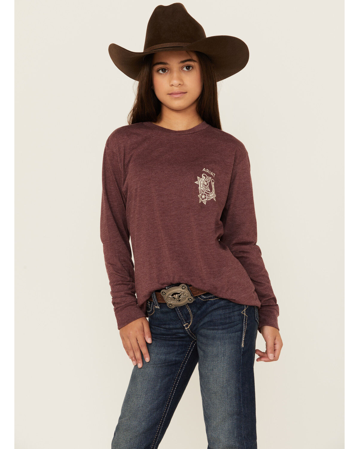 Image #1 - Ariat Girls' Horseshoe Long Sleeve Graphic Tee, Maroon, hi-res