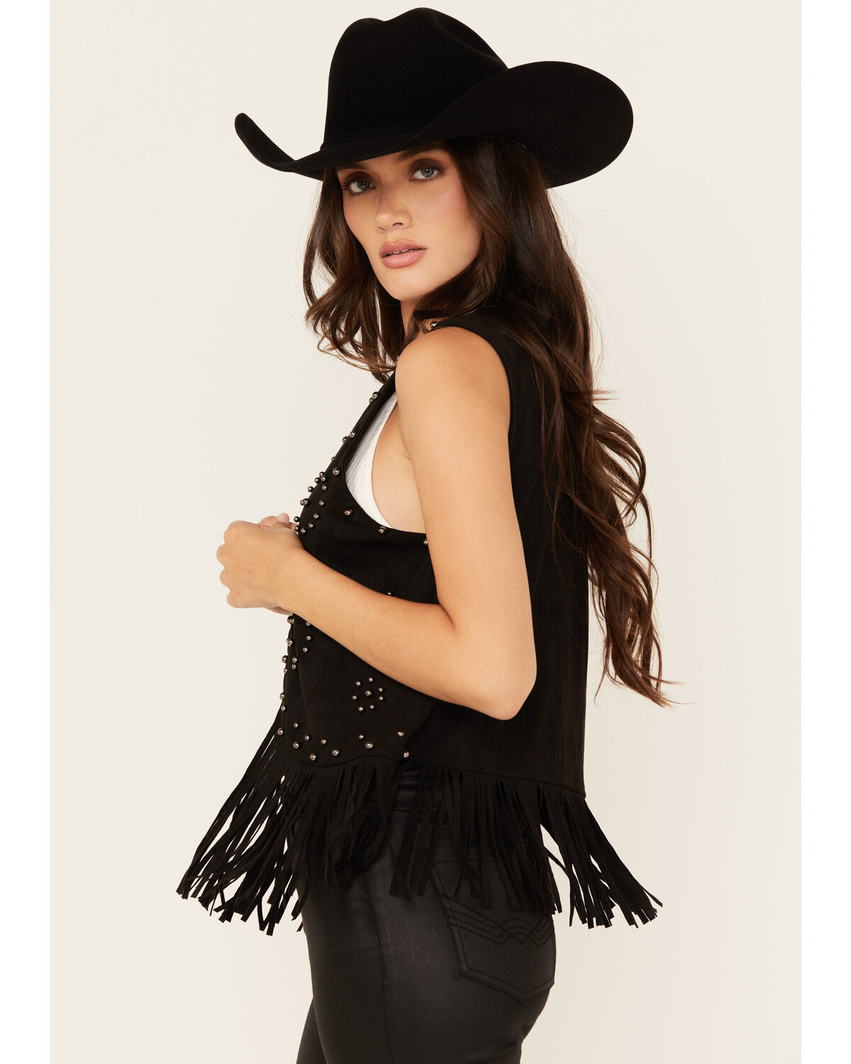 Image #2 - Vocal Women's Studded Faux Suede Vest, Black, hi-res