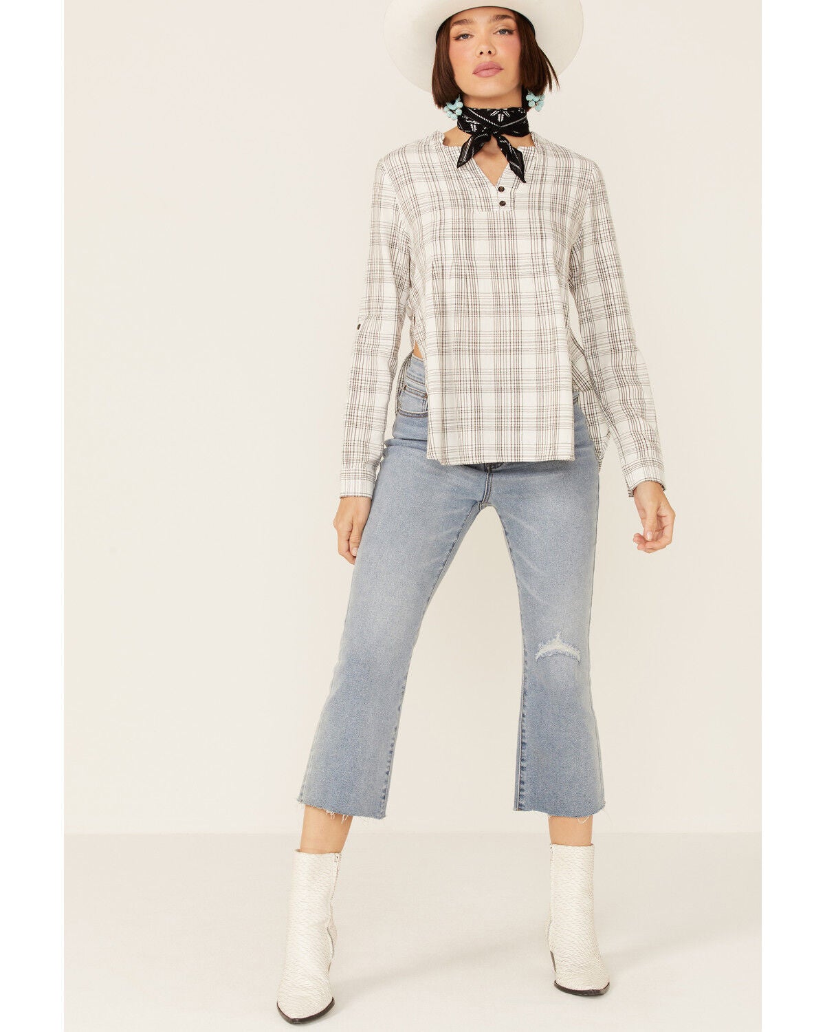 Image #4 - Shyanne Women's Ivory Plaid Shirt Tail Tunic Top, , hi-res