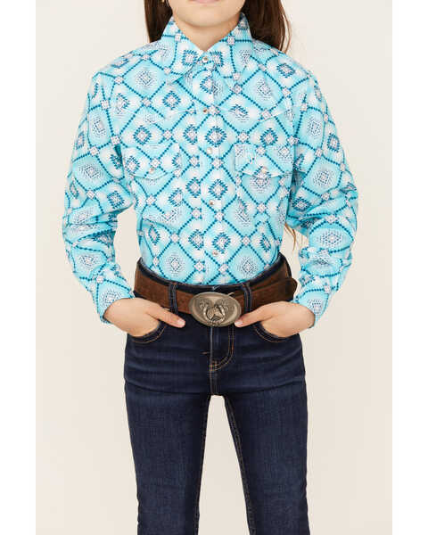 Image #3 - Cowgirl Hardware Girls' Diamond Print Long Sleeve Snap Western Shirt , Turquoise, hi-res
