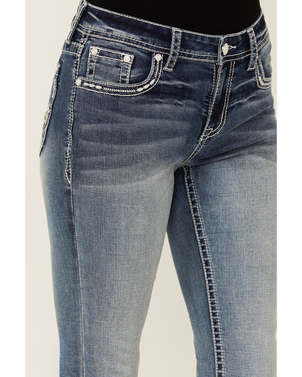 Image #4 - Grace In LA Women's Medium Wash Americana Fleur De Lis Mid Rise Bootcut Stretch Denim Jeans, Medium Wash, hi-res
