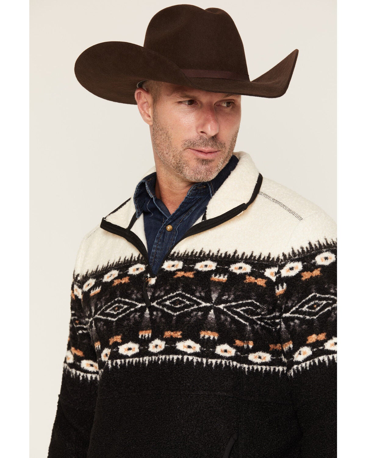 Image #2 - Panhandle Slim Men's Southwestern Border Print Berber 1/4 Zip Pullover, Black, hi-res