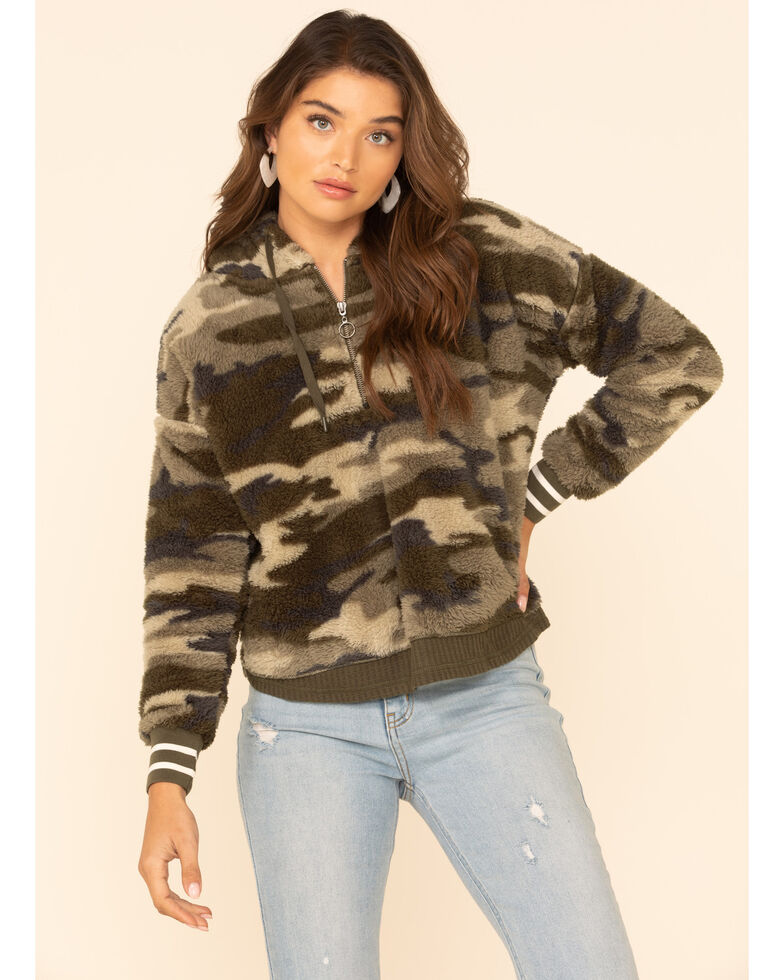 PJ Salvage Women's Olive Camo Fuzzy Thermal Hooded Pullover , Olive, hi-res