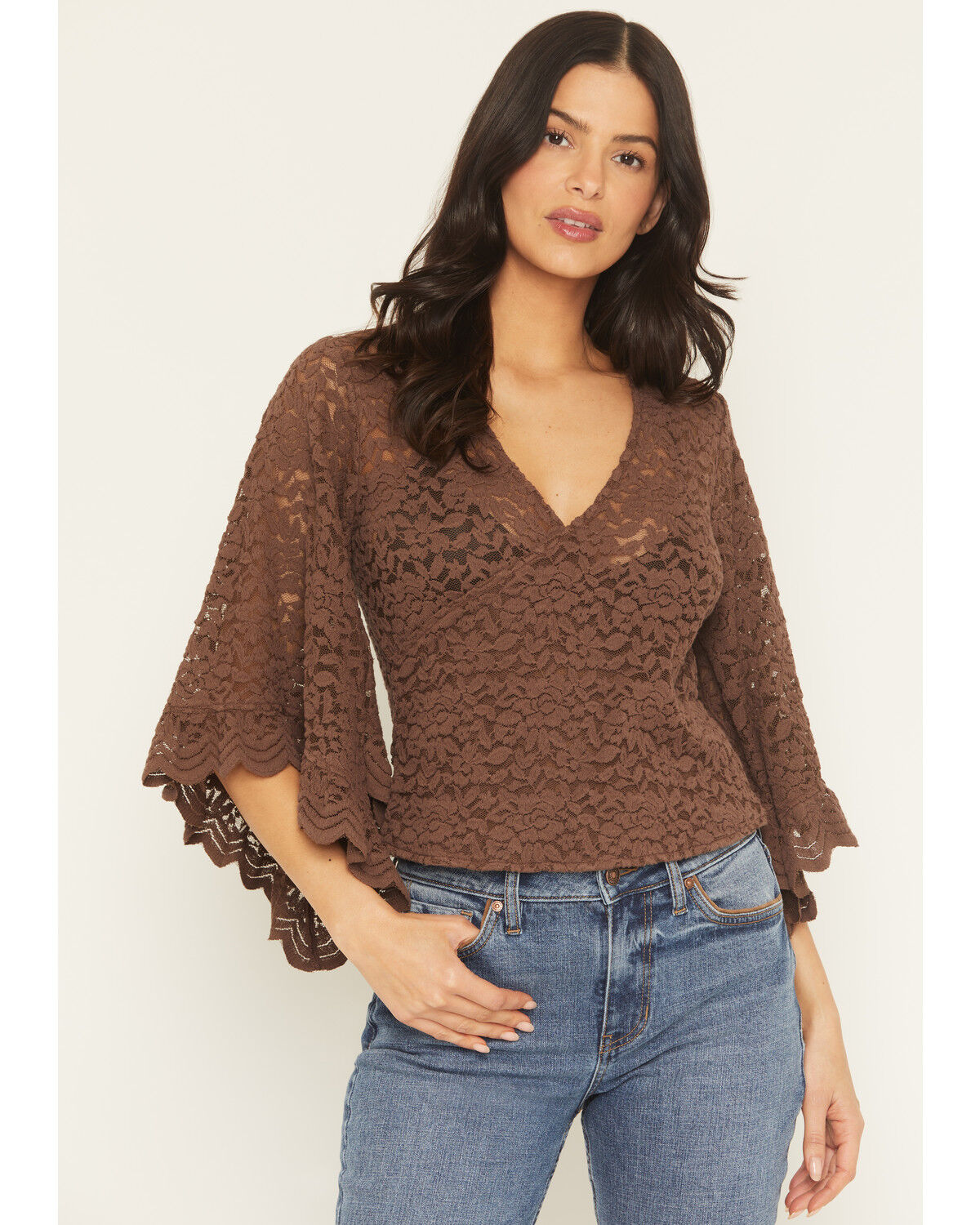 Image #1 - Shyanne Women's Wrap Front Long Sleeve Lace Top, Brown, hi-res