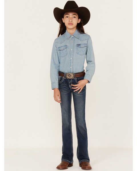 Image #3 - Shyanne Little Girls' Dark Wash Horse Embroidered Bootcut Jeans, Blue, hi-res