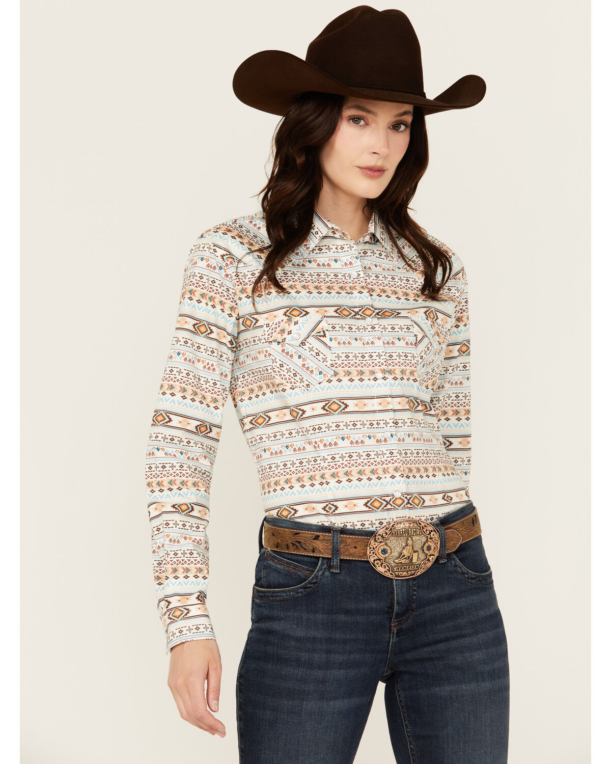 Image #1 - Rough Stock by Panhandle Women's Southwestern Striped Long Sleeve Pearl Snap Stretch Western Shirt, Cream, hi-res