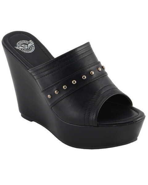 Image #1 - Milwaukee Leather Women's Rivet Detail Open Toe Wedge Sandals, Black, hi-res