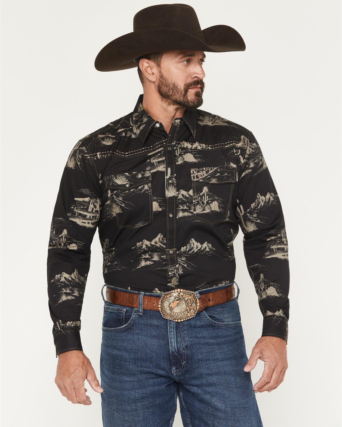 Image #1 - Cowboy Hardware Men's Western Scenery Print Long Sleeve Snap Stretch Western Shirt, Black, hi-res
