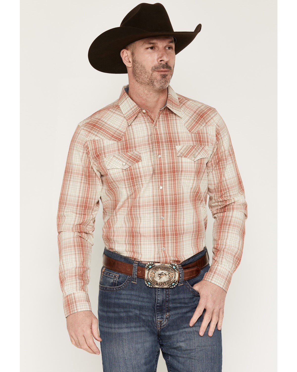 Image #1 - Cody James Men's Legend Dobby Plaid Print Long Sleeve Snap Western Shirt, Red, hi-res