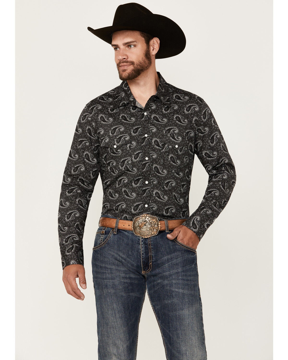 Rock & Roll Denim Men's Paisley Print Long Sleeve Snap Stretch Western Shirt, Black, hi-res