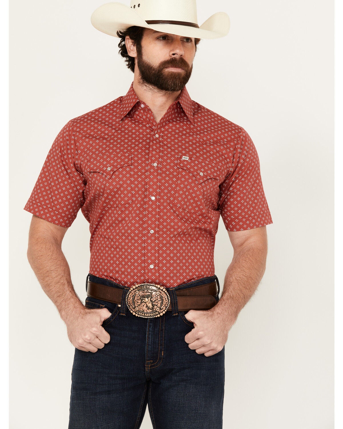 Ely Walker Men's Mini Bandana Geo Print Short Sleeve Snap Western Shirt, Red, hi-res