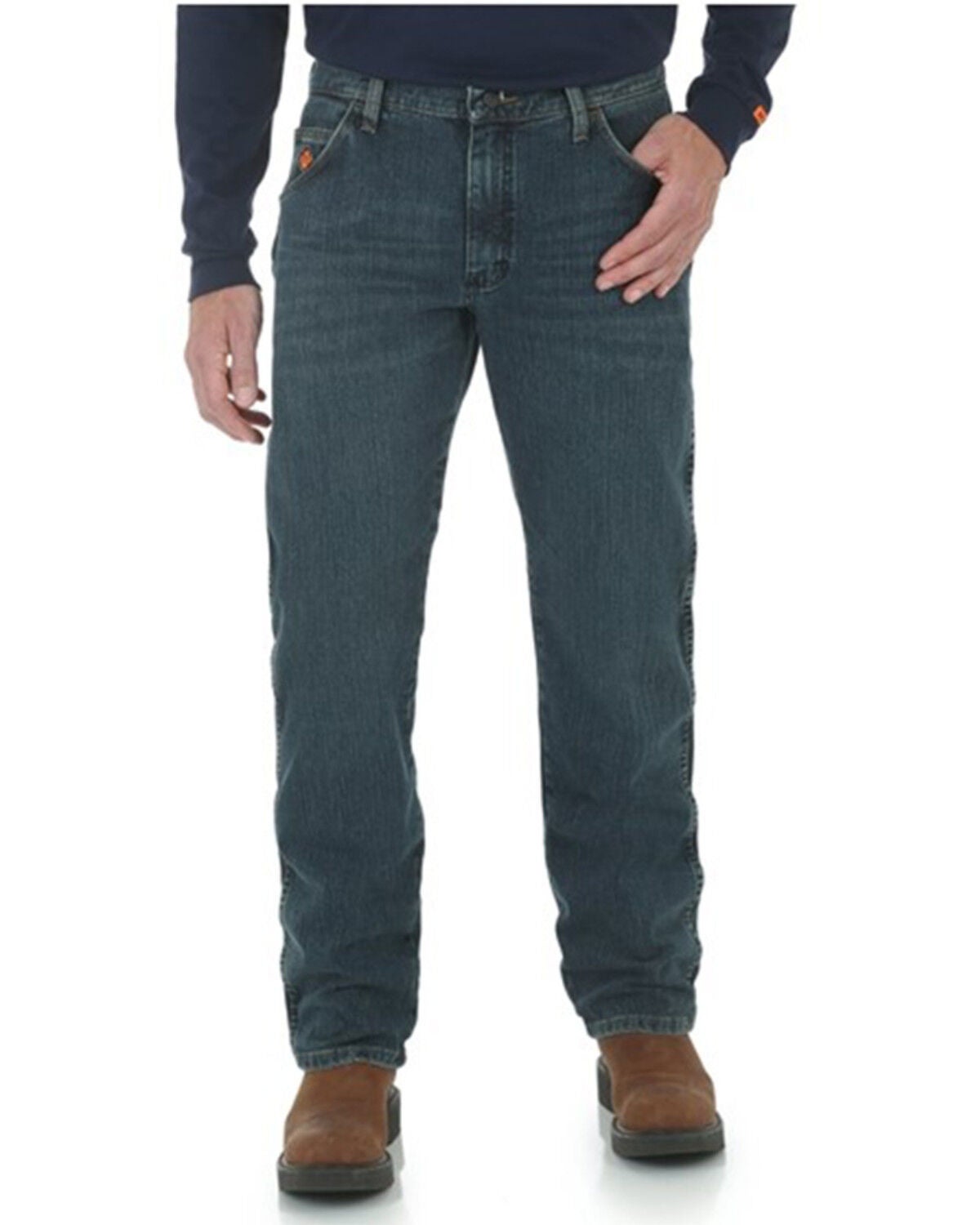 Wrangler Men's FR Dark Wash Advanced Comfort Regular Fit Stretch Denim Work Jeans, Blue, hi-res