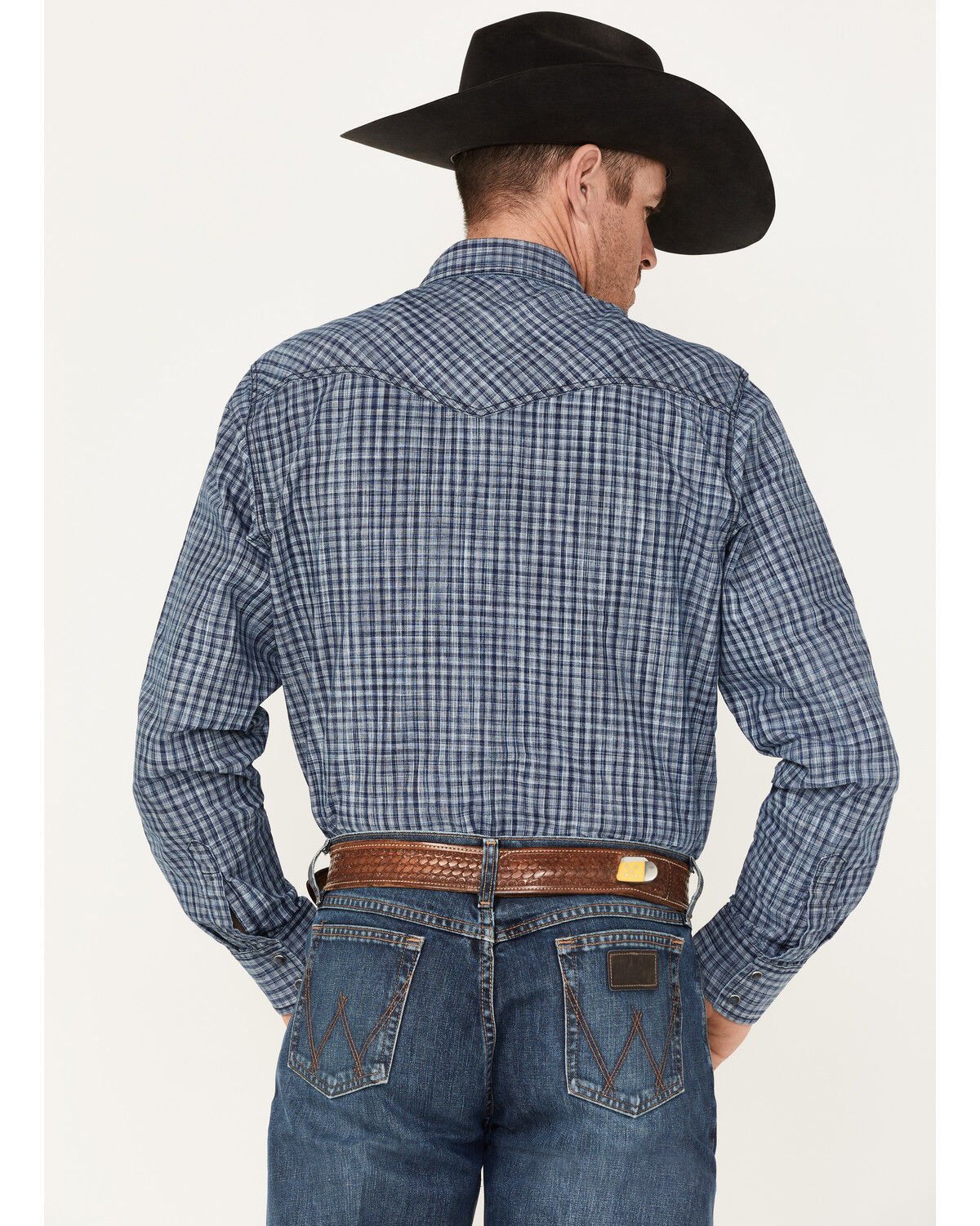 Image #4 - Wrangler Retro Premium Men's Check Plaid Print Long Sleeve Snap Western Shirt, Navy, hi-res