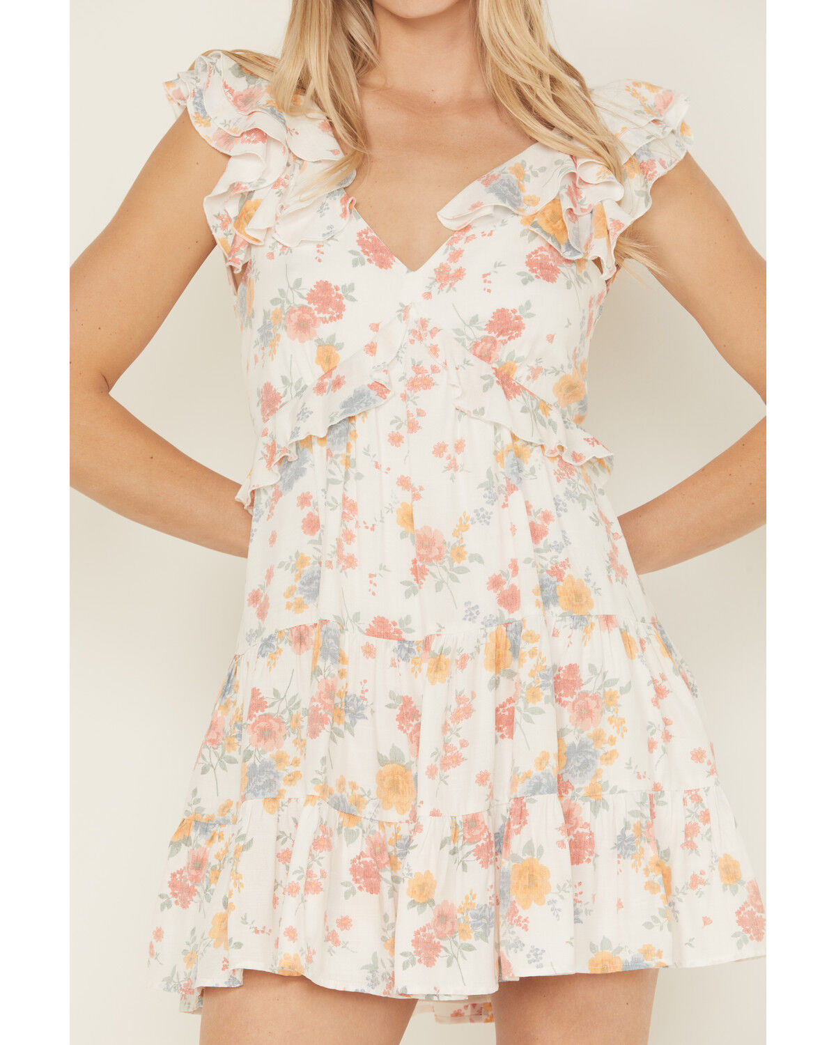 Image #2 - Ash & Violet Women's Floral Print Ruffle Trim Mini Dress, White, hi-res