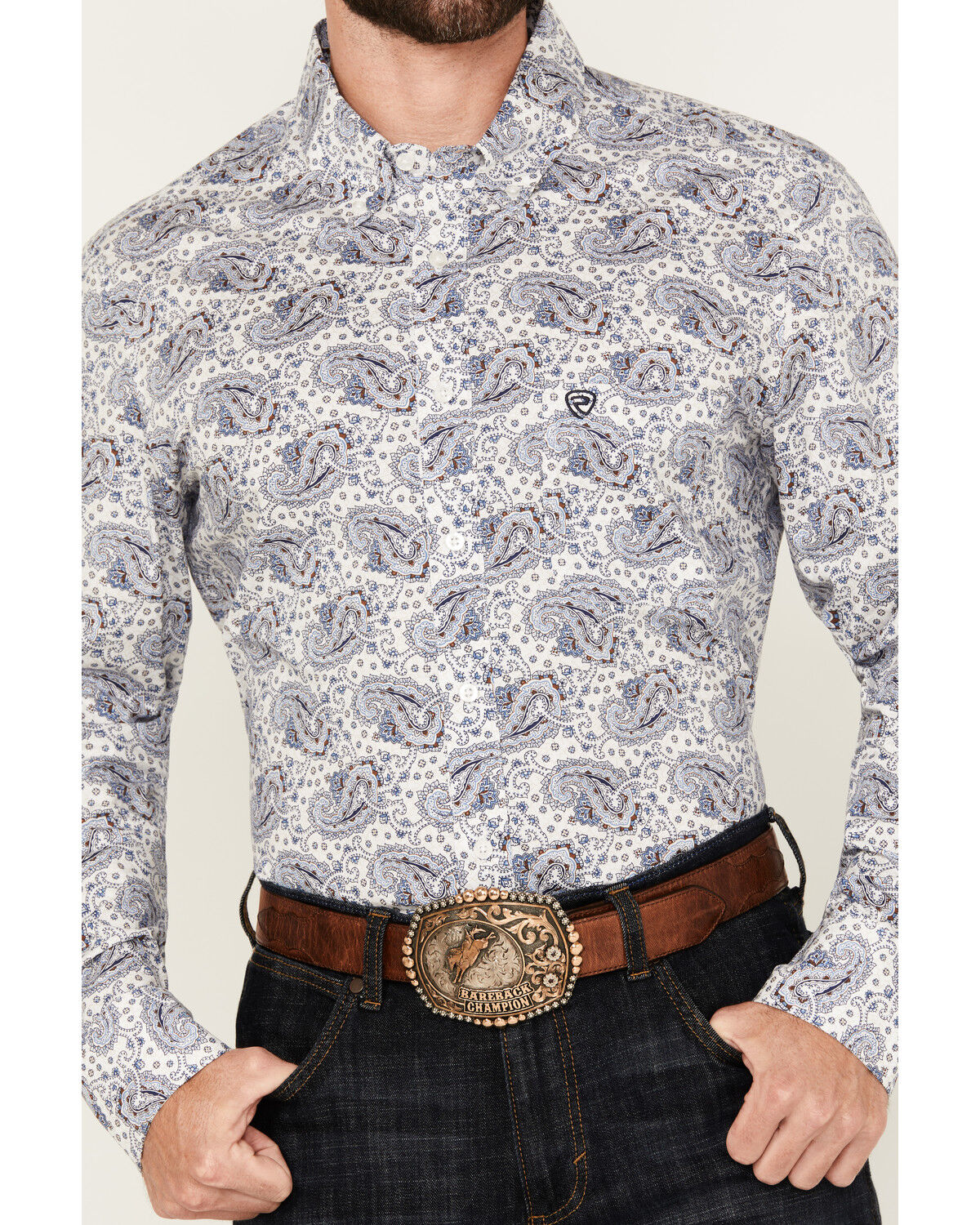 Image #3 - Rock & Roll Denim Men's Paisley Print Long Sleeve Button-Down Stretch Western Shirt, White, hi-res