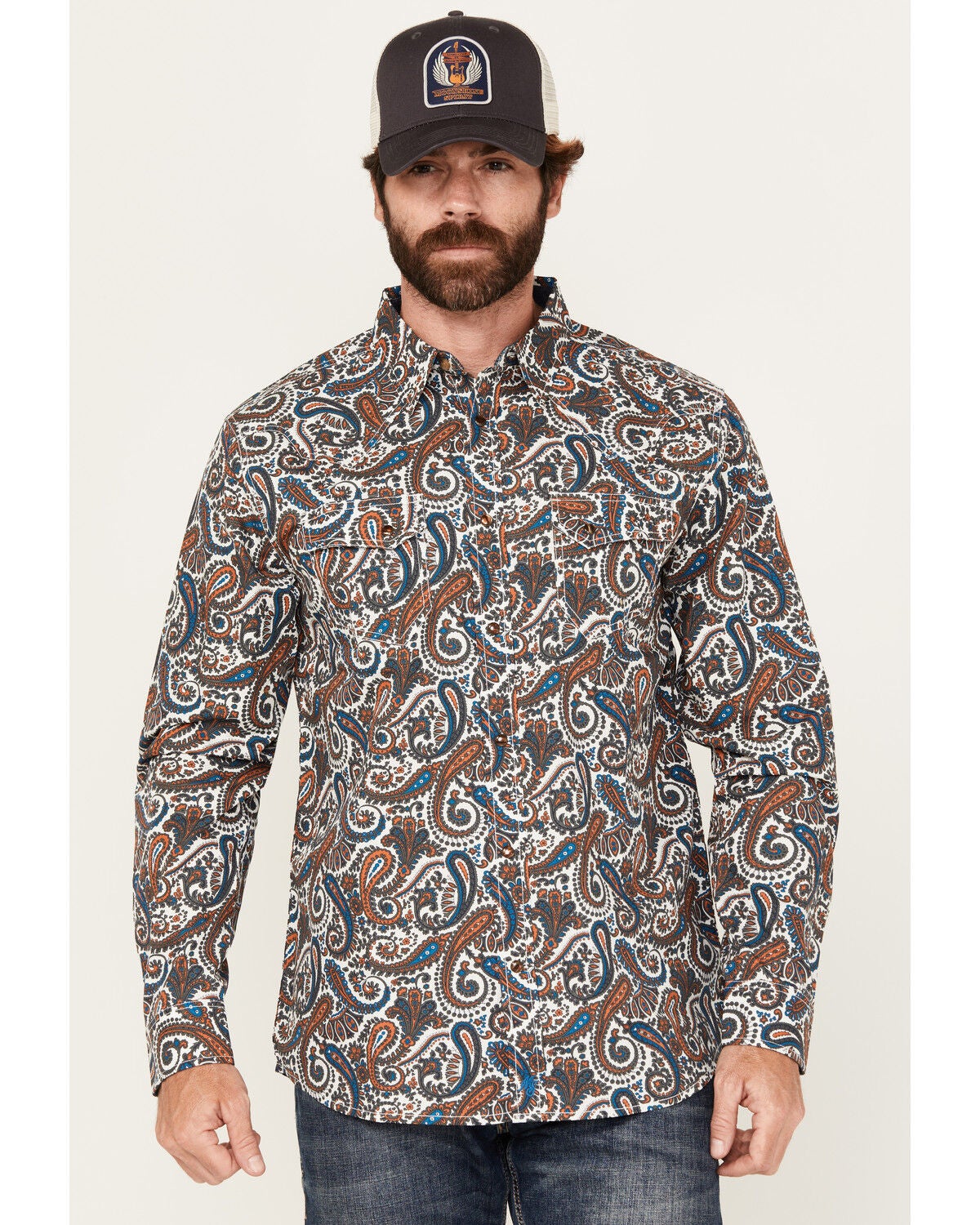 Image #1 - Moonshine Spirit Men's Too Country Paisley Print Long Sleeve Snap Western Shirt, White, hi-res